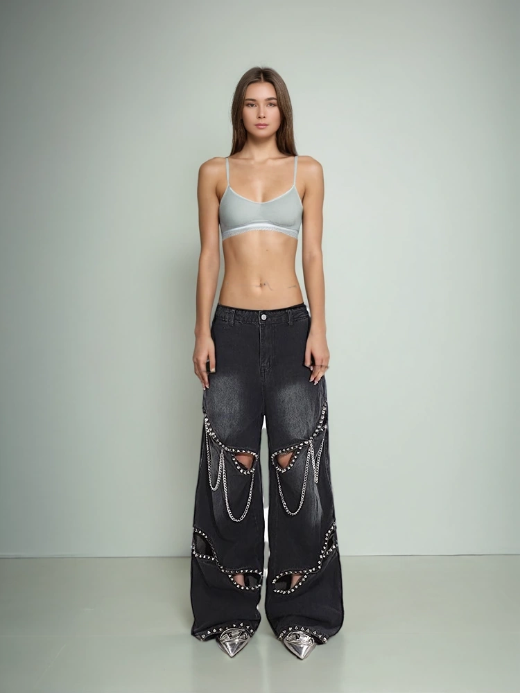 Metal Chain Hollow Out Design Jean Pants New