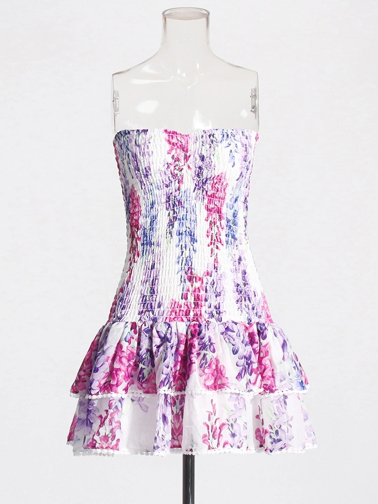 Printing Strapless  Ruffled  Flower Mini Dresses New