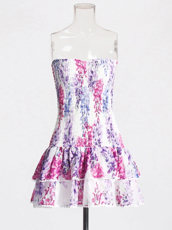 Printing Strapless  Ruffled  Flower Mini Dresses New