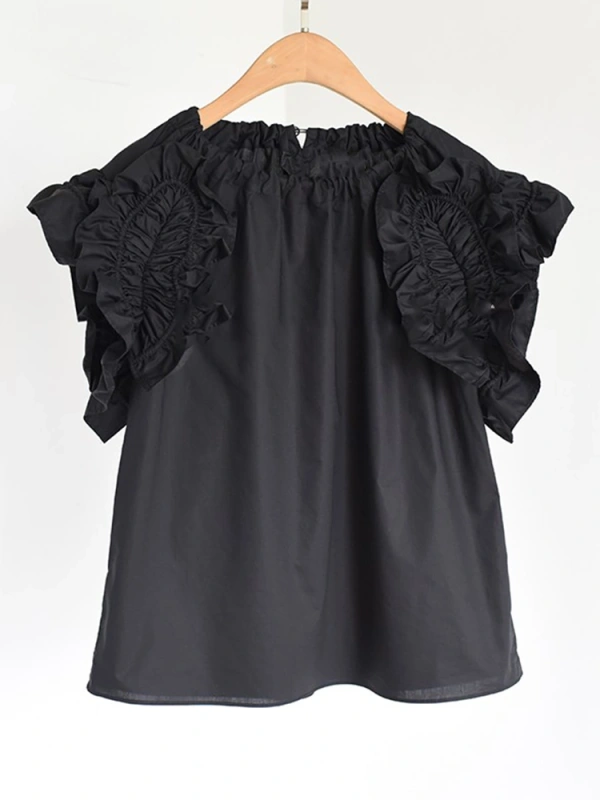 Flower Ruffle Edge Sleeve Cotton Short Sleeve Shirt