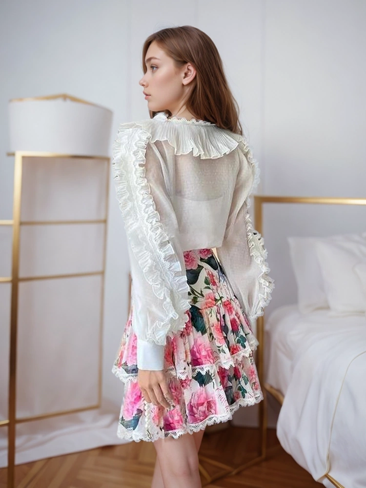 V Neck Wooden Ear Edge High Wiat Printing Two Piece Set New