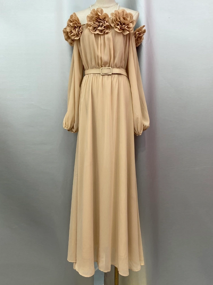 3D Floral Sexy One Shoulder Latern Sleee Maxi Dresses New