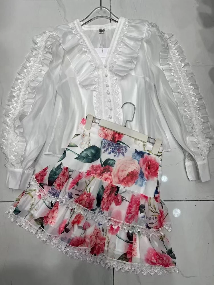 V Neck Wooden Ear Edge High Wiat Printing Two Piece Set New
