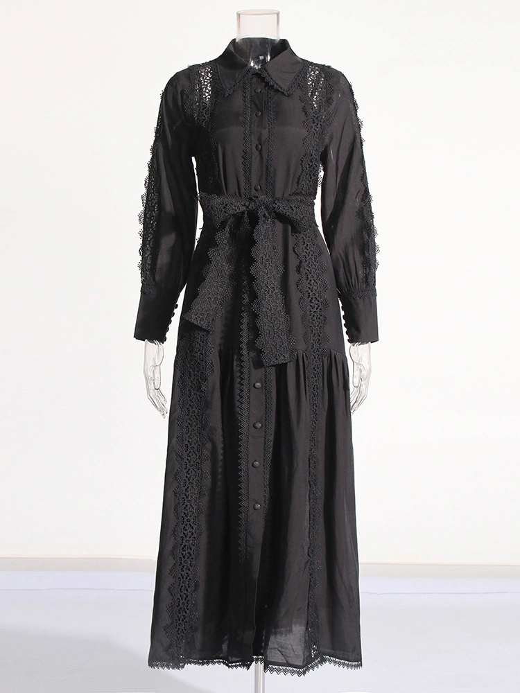 Flip Collar Single Breasted  Tied Lace  Long Sleeve Dresses New