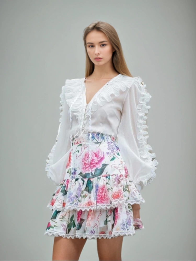 V Neck Wooden Ear Edge High Wiat Printing Two Piece Set New