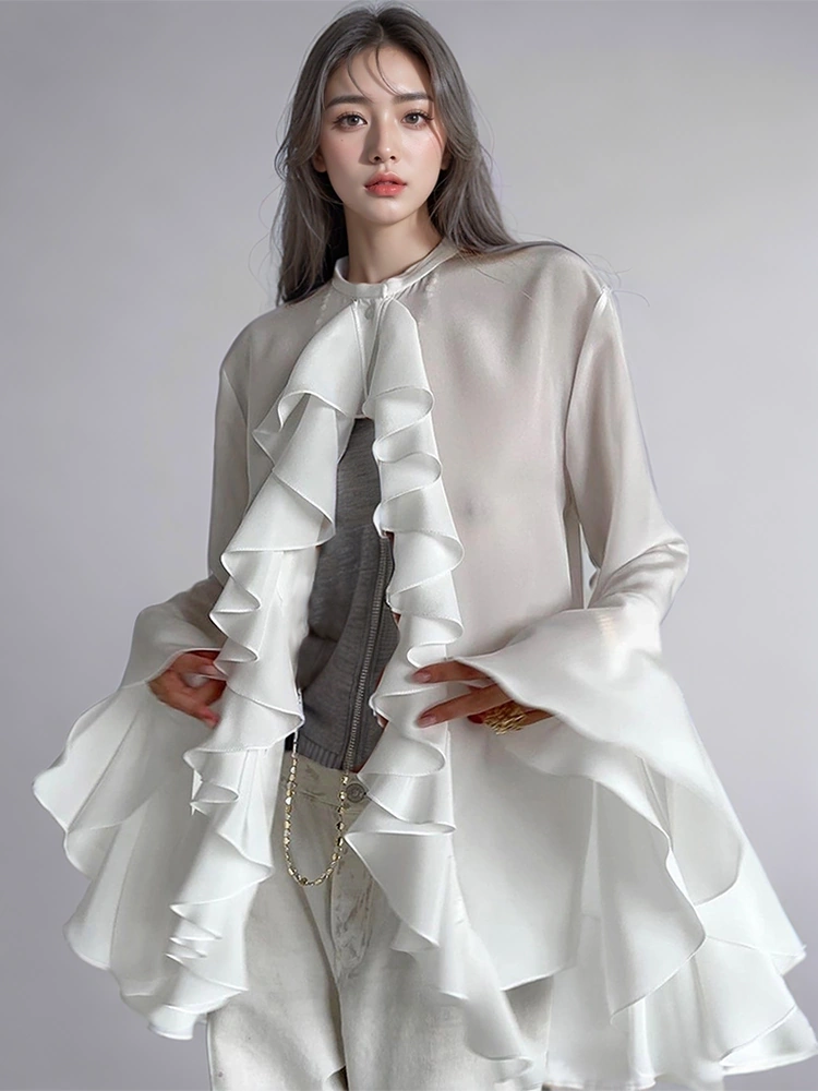 Round Neck Flared Sleeve Chiffon  Leaf  Shirt New