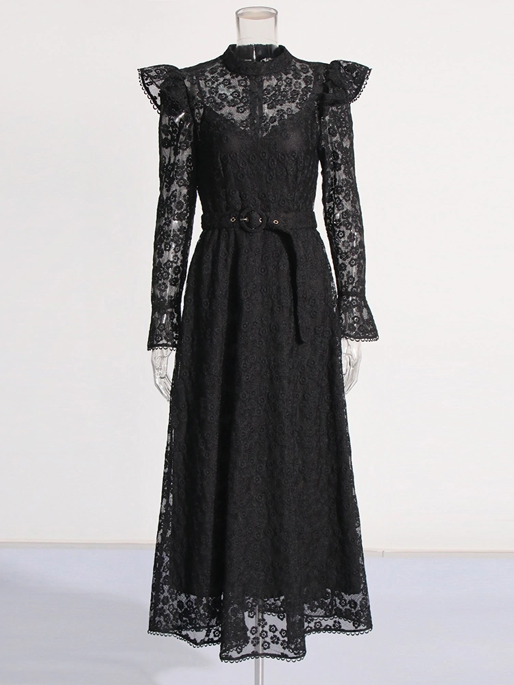 Stand Collar Printing Mesh Long Sleeve Dresses New