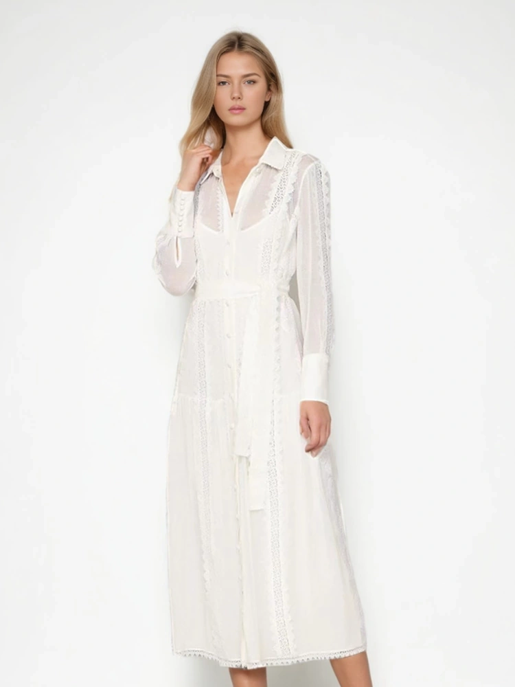Flip Collar Single Breasted  Tied Lace  Long Sleeve Dresses New