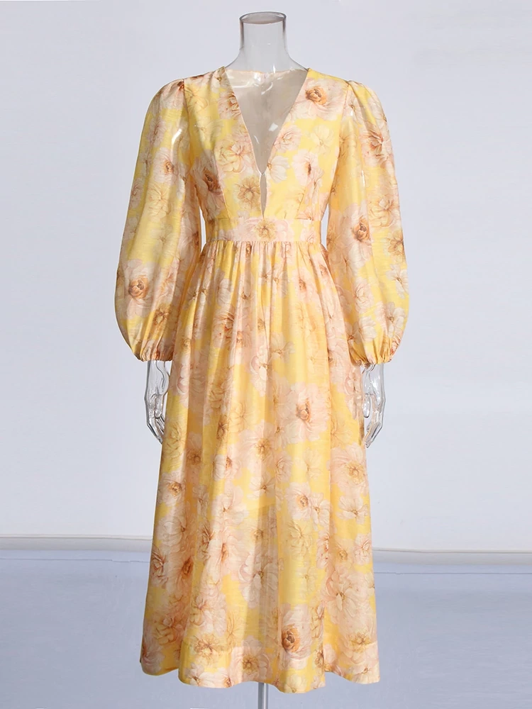 Deep V Neck Latern Sleeve Yellow Printing Dresses New