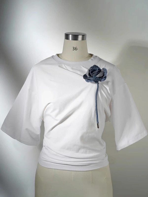 3D Denim Rose Round Neck Wrinkled Short Sleeve T -shirt