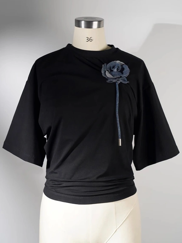 3D Denim Rose Round Neck Wrinkled Short Sleeve T -shirt