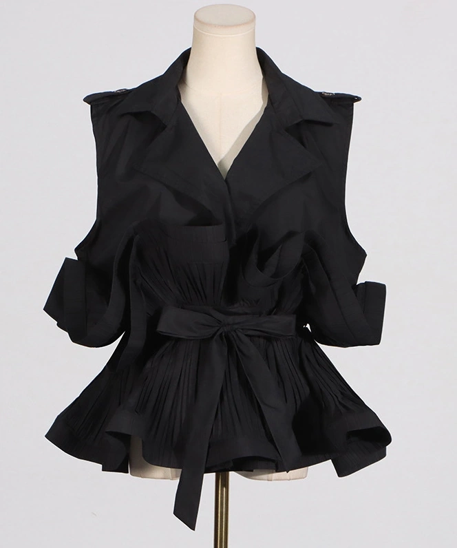 Vintage Lapel Sleeveless Vest Ruffle Edge