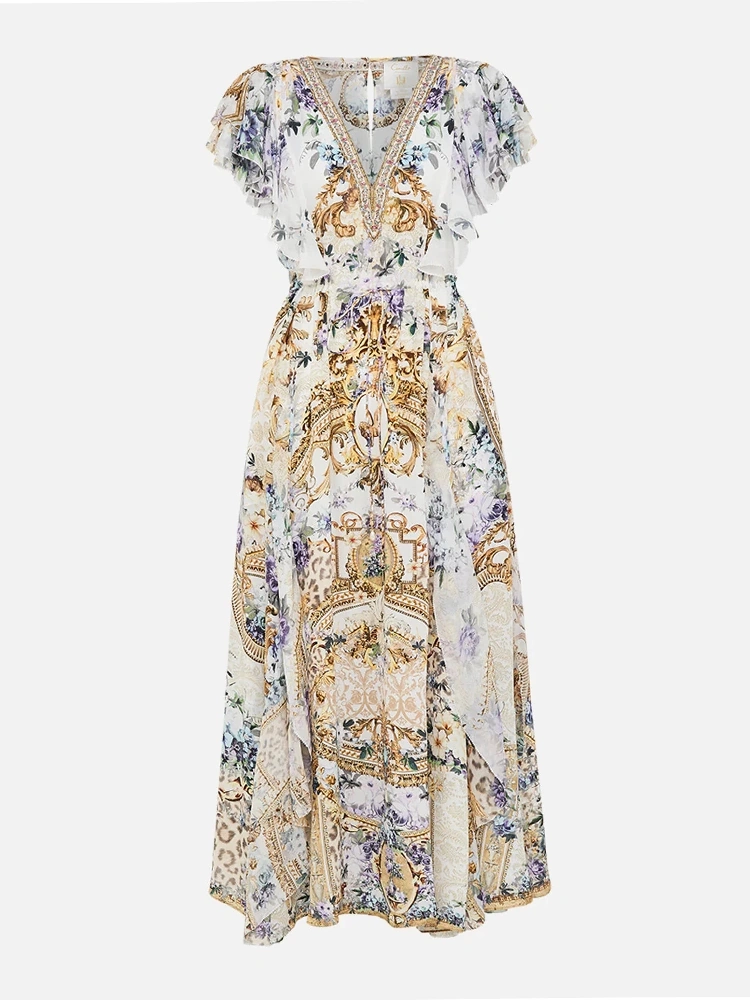V Neck Silk Large Sleeve Maxi Dresses