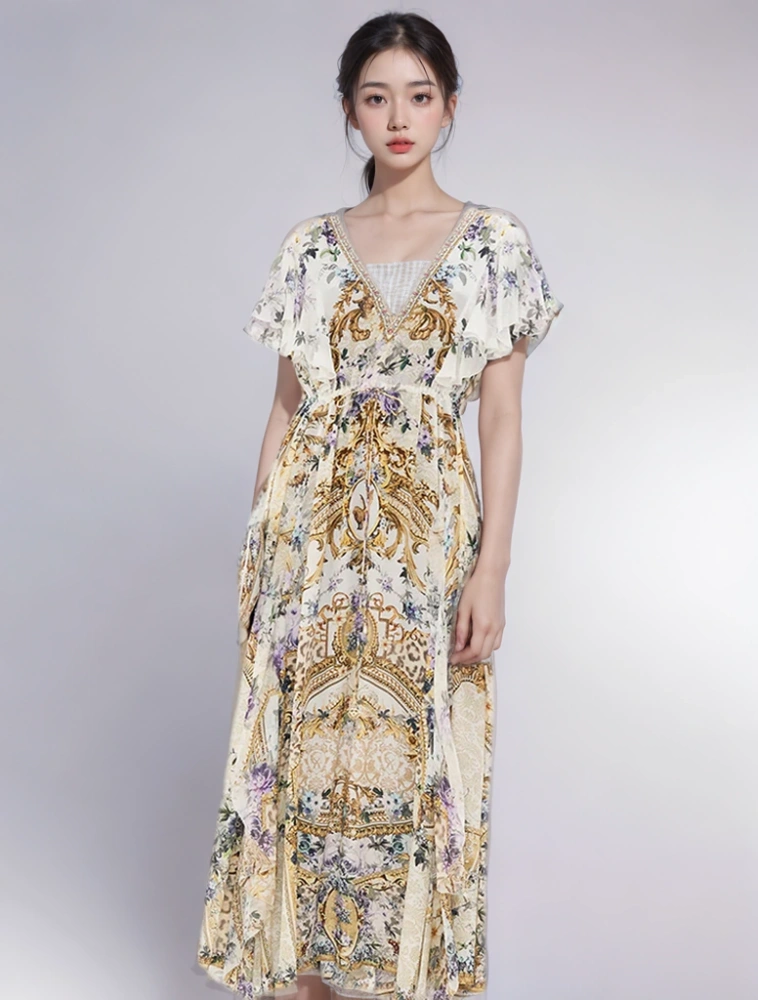 V Neck Silk Large Sleeve Maxi Dresses