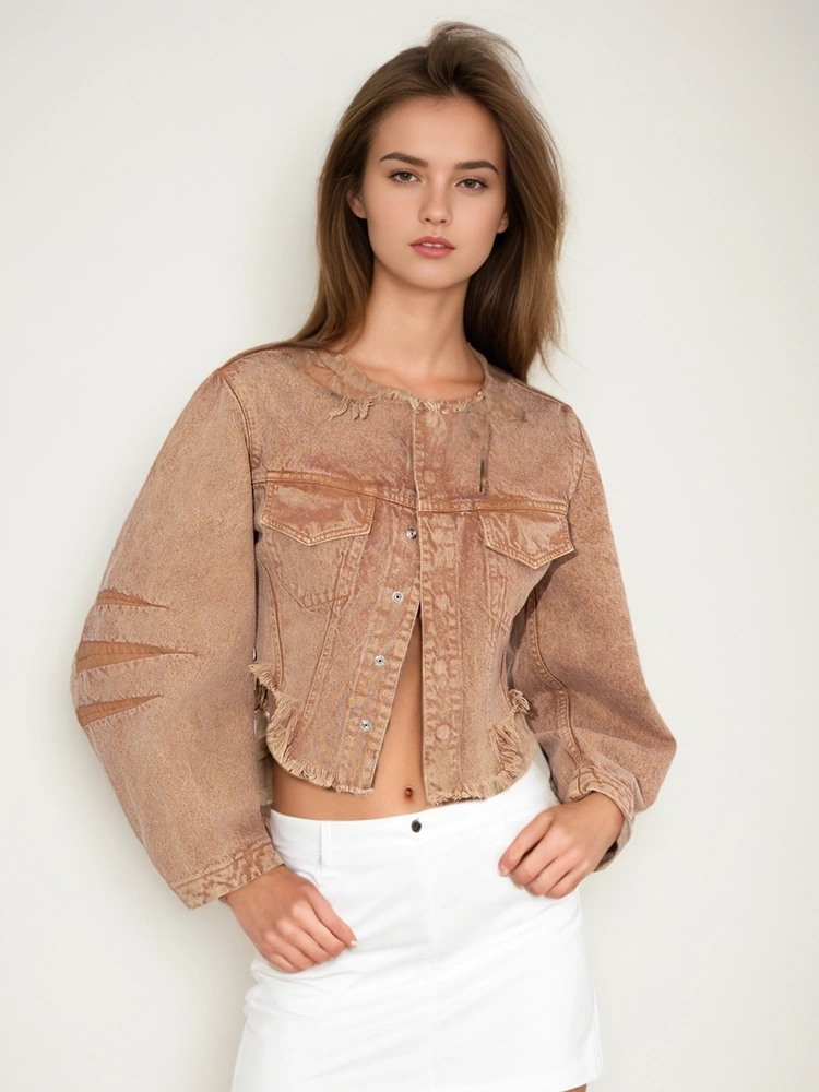 Retro Fur Edge Irregular Denim Short Jacket