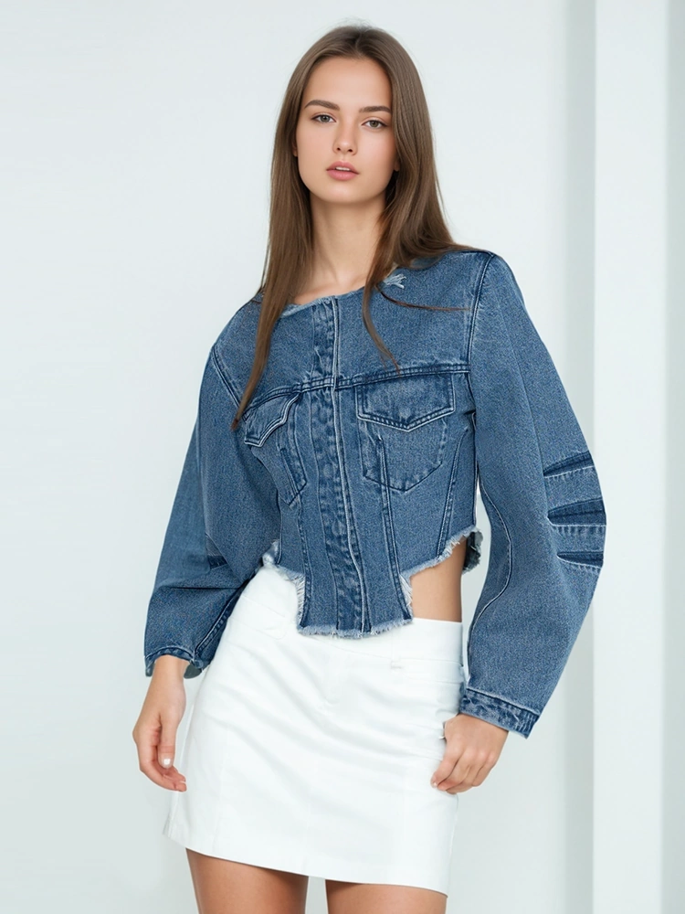 Retro Fur Edge Irregular Denim Short Jacket