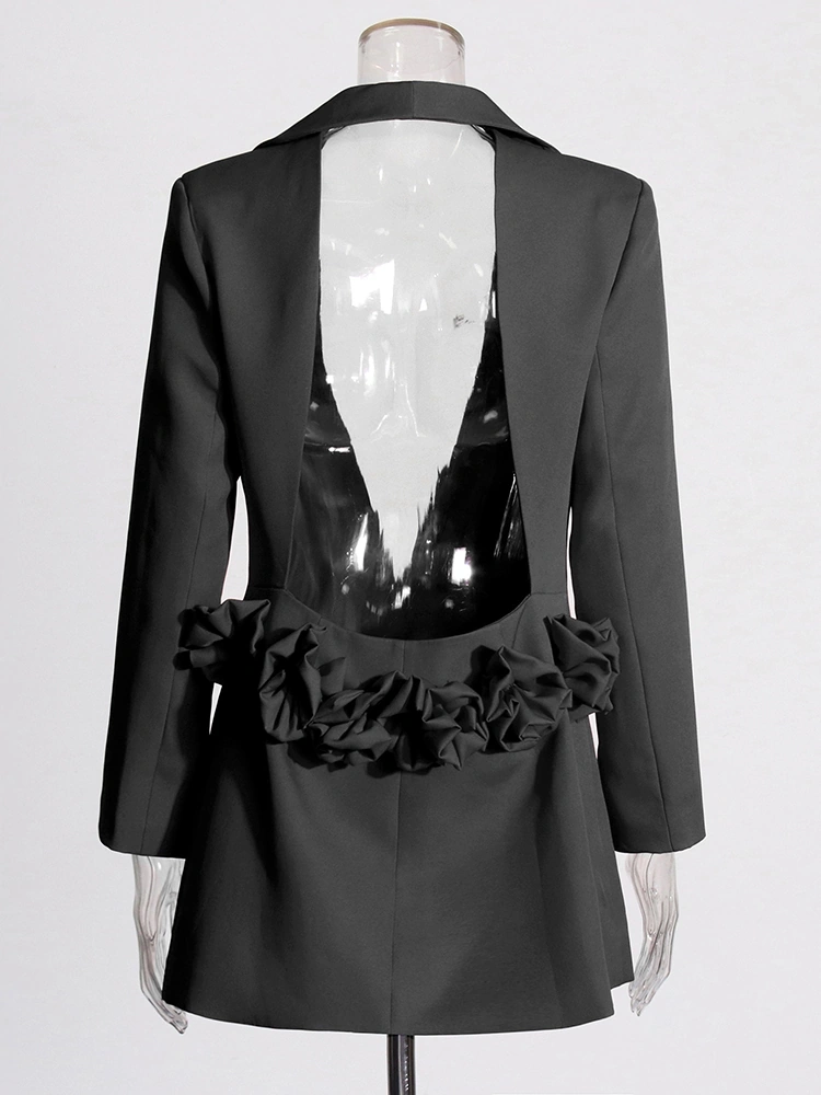 V Neck Design  Hollow Out Large Backless Floral Suit Blazer Dresses