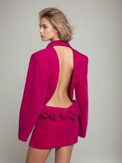 V Neck Design  Hollow Out Large Backless Floral Suit Blazer Dresses