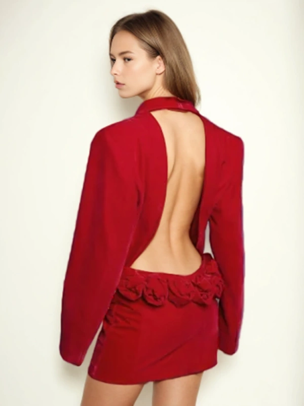 V Neck Design  Hollow Out Large Backless Floral Suit Blazer Dresses