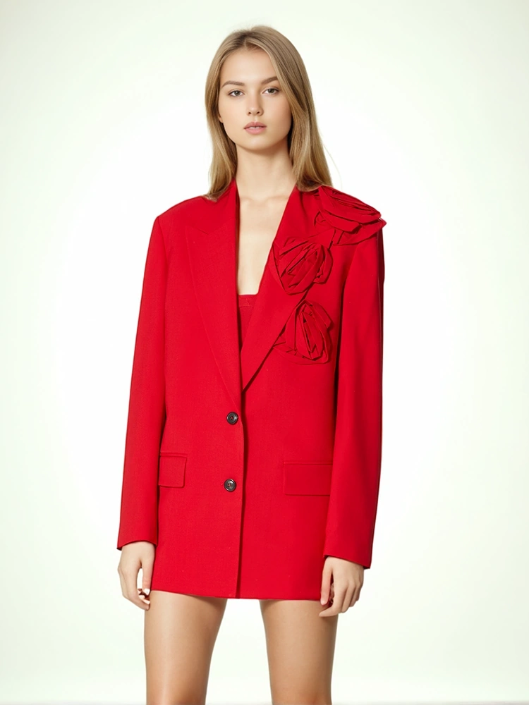 V Neck Straight Tube Three-Dimensional Rose Red Suit Blazer