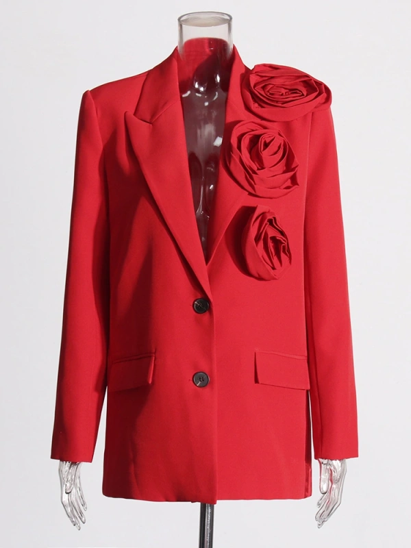 V Neck Straight Tube Three-Dimensional Rose Red Suit Blazer