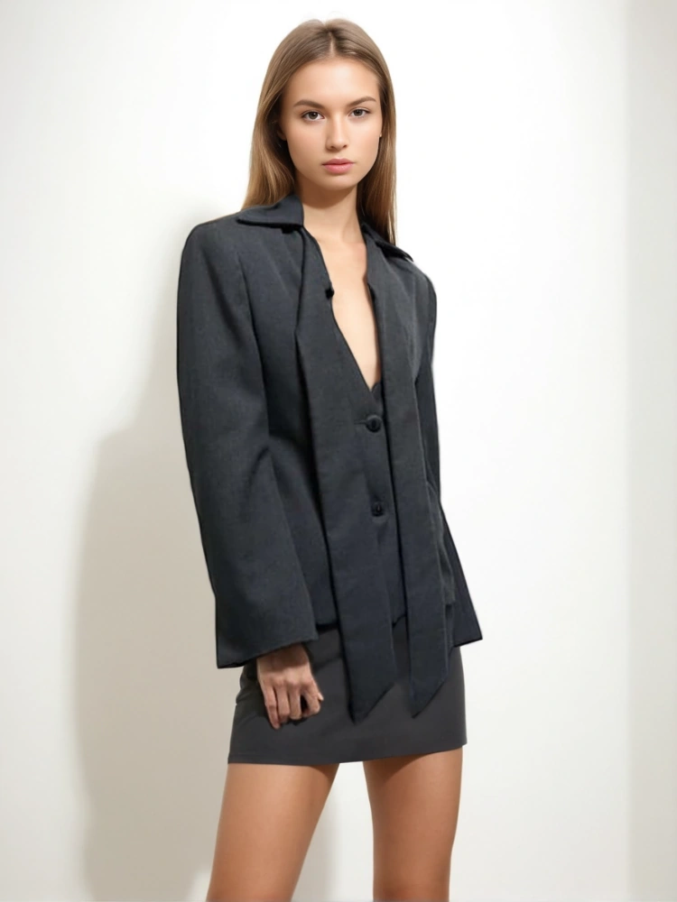 V Neck Tied Single Breasted Design Suit Blazer