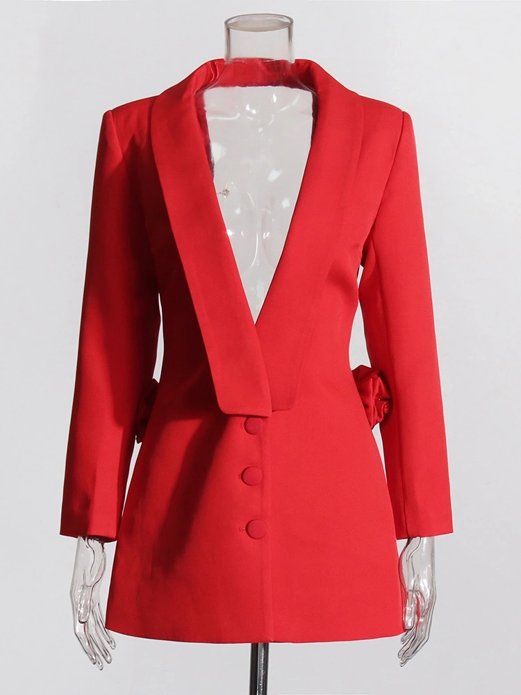 V Neck Design  Hollow Out Large Backless Floral Suit Blazer Dresses