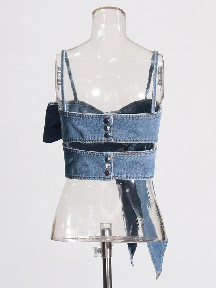 Bow Tie Cross Design Denim  Backless Vest