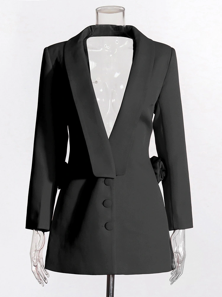 V Neck Design  Hollow Out Large Backless Floral Suit Blazer Dresses