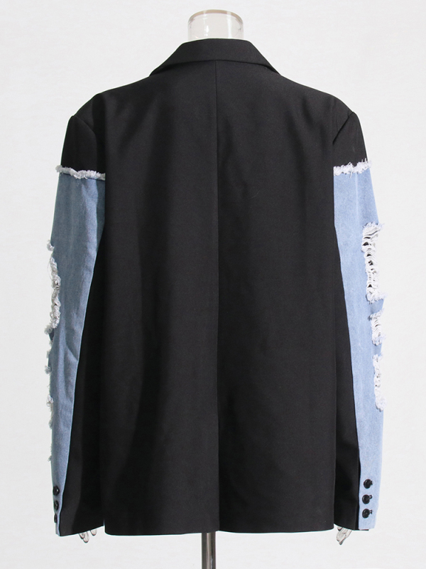 Color Blacking Patchwork Suit Loose Denim Jacket