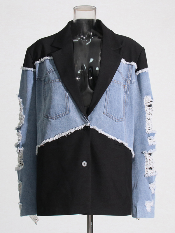 Color Blacking Patchwork Suit Loose Denim Jacket