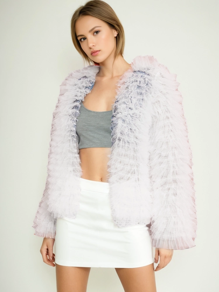 Collarless Mesh Pleated Ptchwork Cardigan Jacket