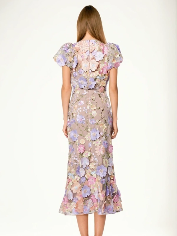 V Neck Short Sleeve 3D Floral  Maxi Dresses New