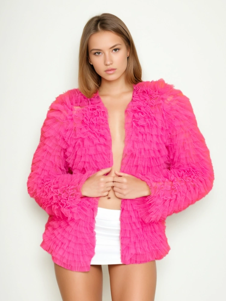 Collarless Mesh Pleated Ptchwork Cardigan Jacket