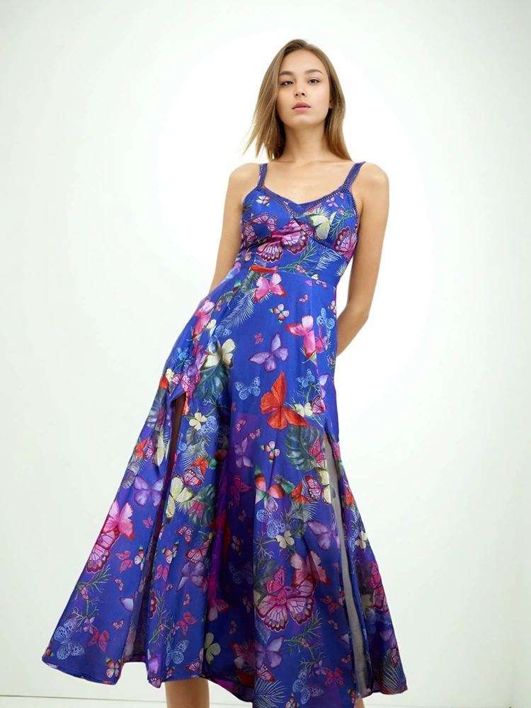 Strapless Printing Hem Slit Maxi Dresses New