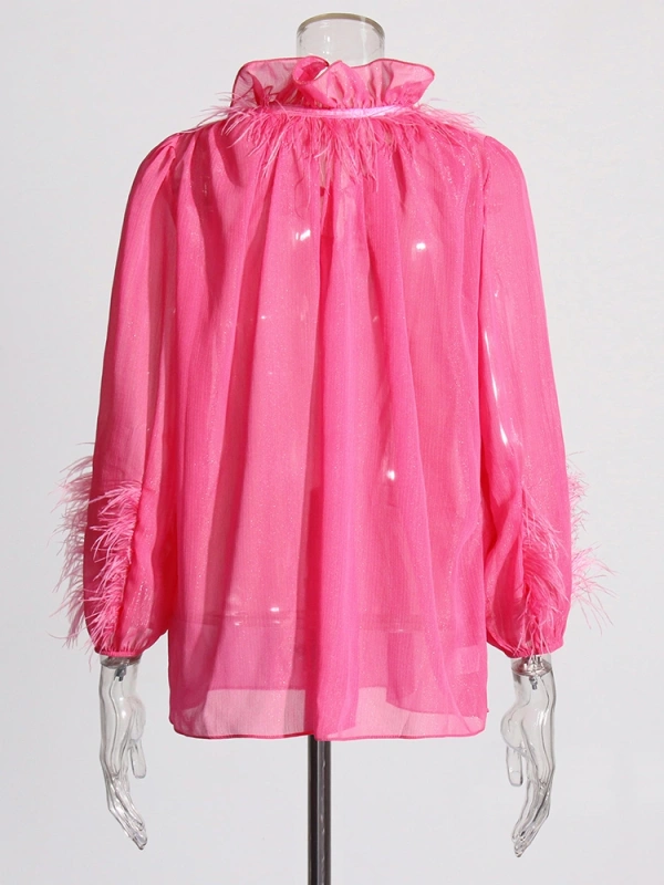 Ruffle Edge Patchwork Feather Collar Tie Long Sleeve Shirt New