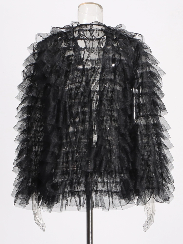 Collarless Mesh Pleated Ptchwork Cardigan Jacket