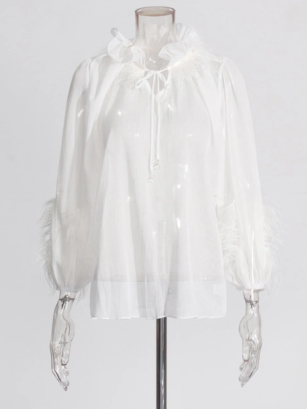 Ruffle Edge Patchwork Feather Collar Tie Long Sleeve Shirt New