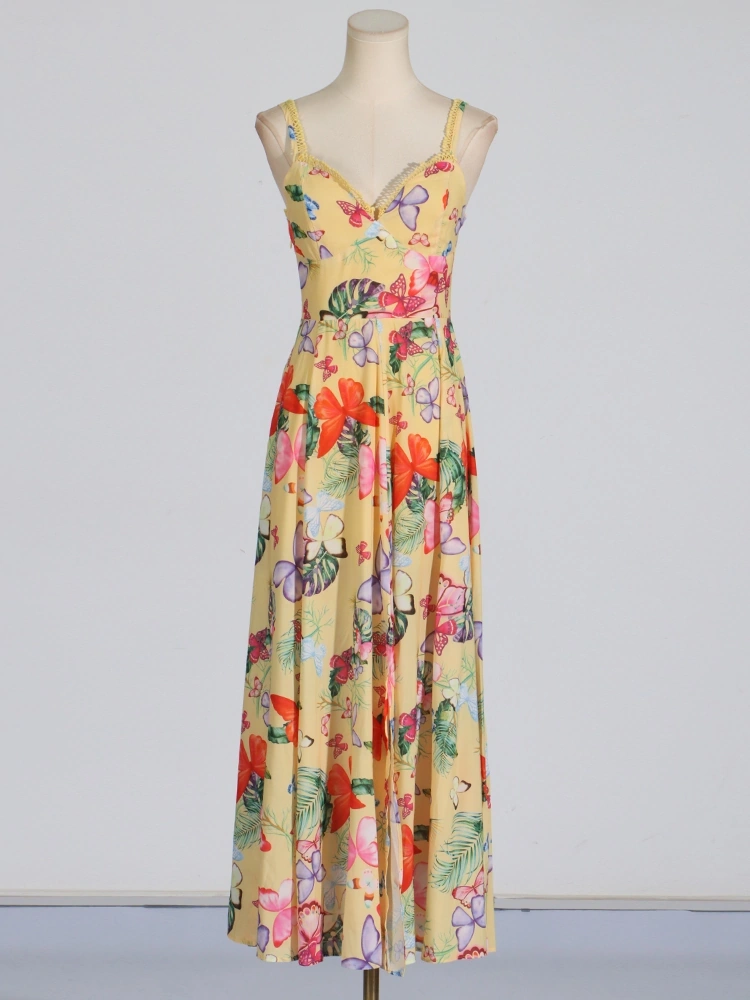 Strapless Printing Hem Slit Maxi Dresses New