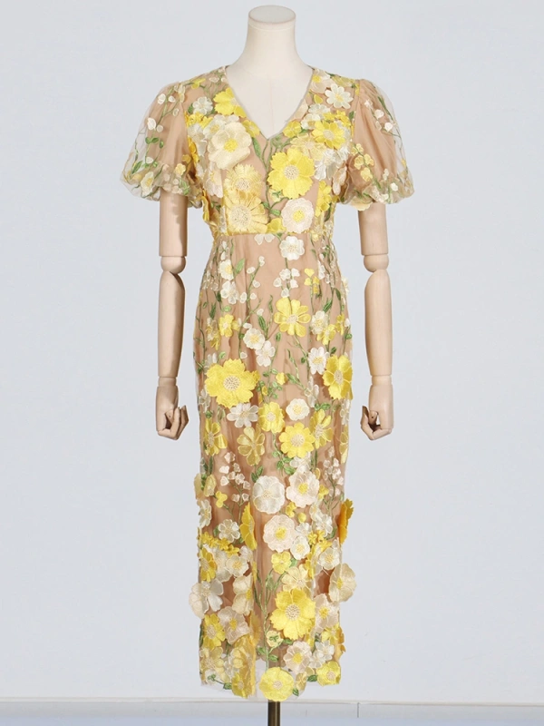 V Neck Short Sleeve 3D Floral  Maxi Dresses New