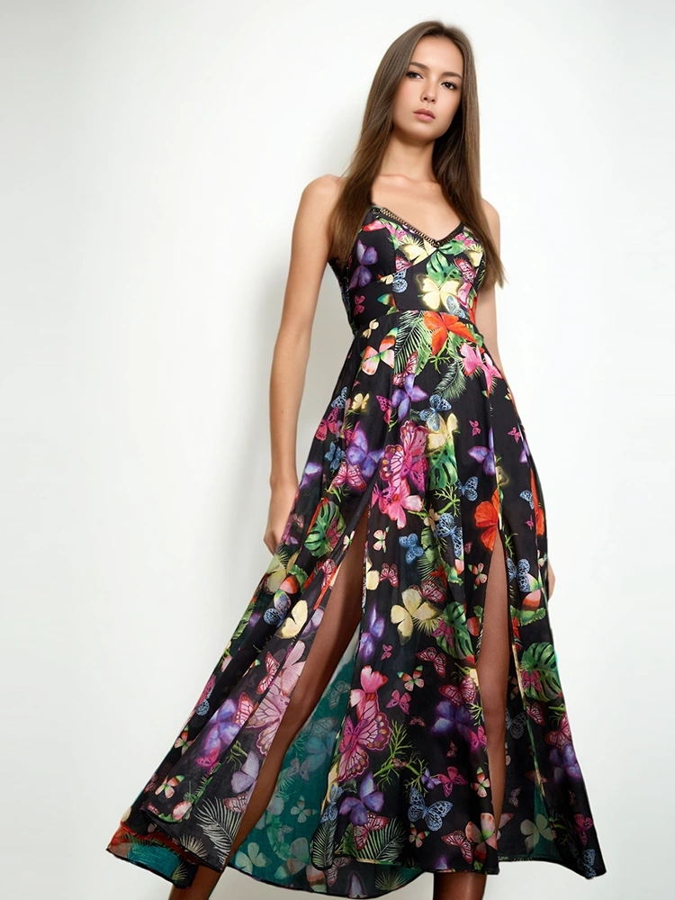 Strapless Printing Hem Slit Maxi Dresses New