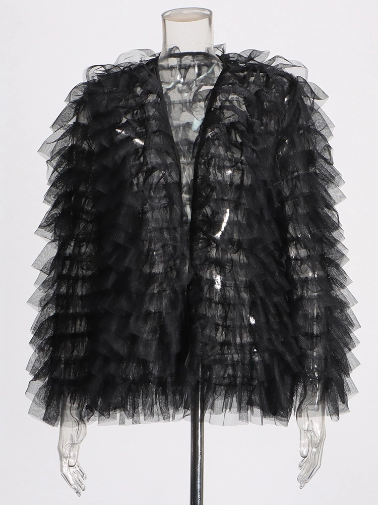 Collarless Mesh Pleated Ptchwork Cardigan Jacket