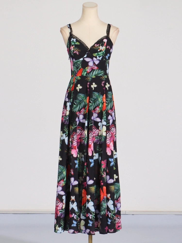Strapless Printing Hem Slit Maxi Dresses New