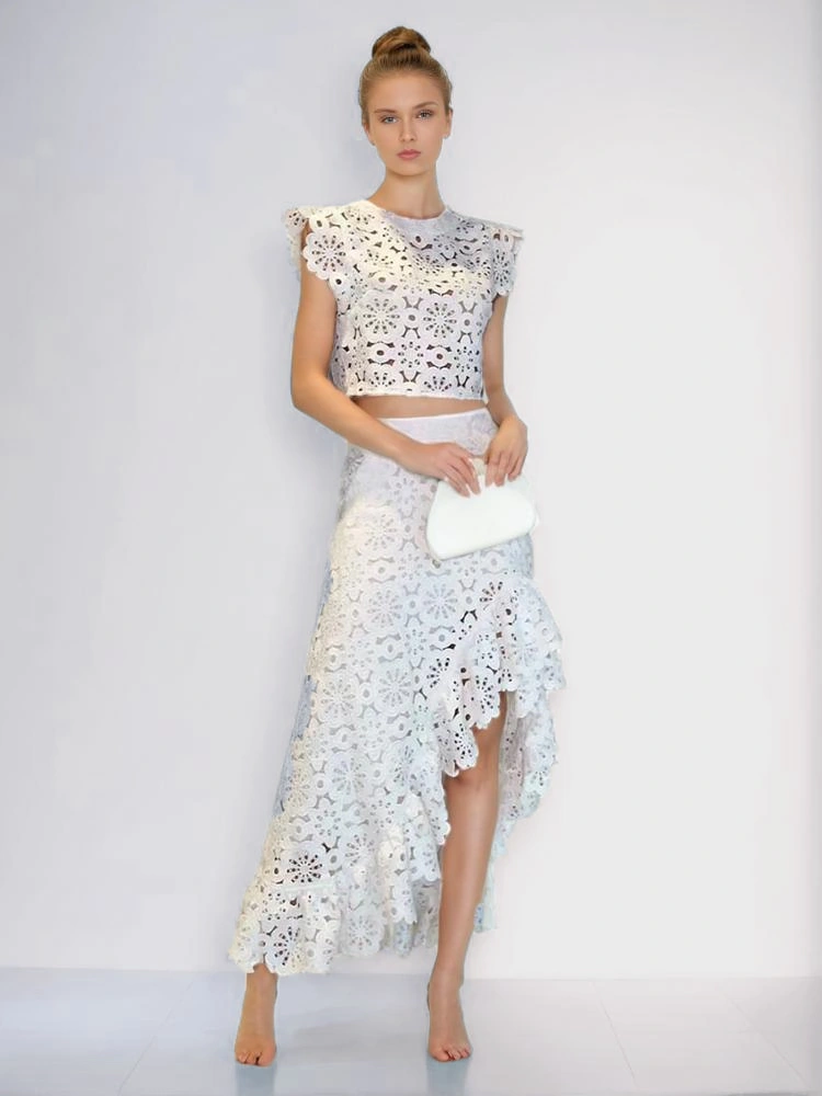 Embroidered Floral Ruffle Two Piece Set New