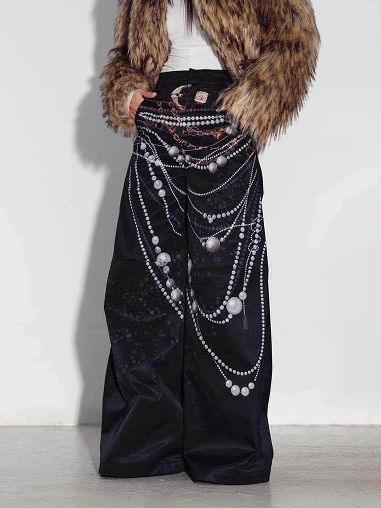 Pearl Printing High Waist Versatile Wide Leg Pants New