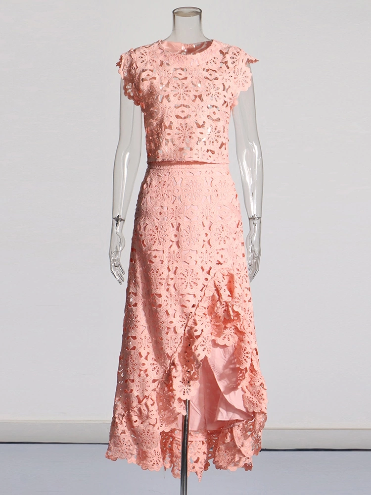 Embroidered Floral Ruffle Two Piece Set New