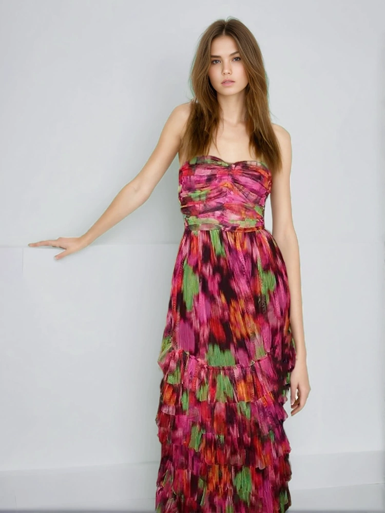 Printing Layeres Strapless Maxi Dresses New