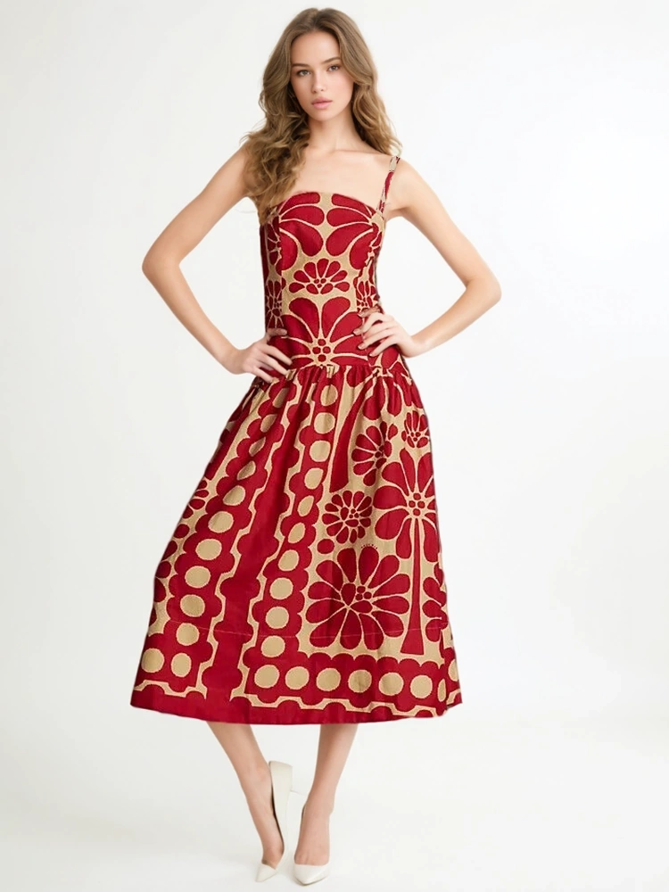 Red Printing Pollka Dot Waist Strap Maxi Dresses New