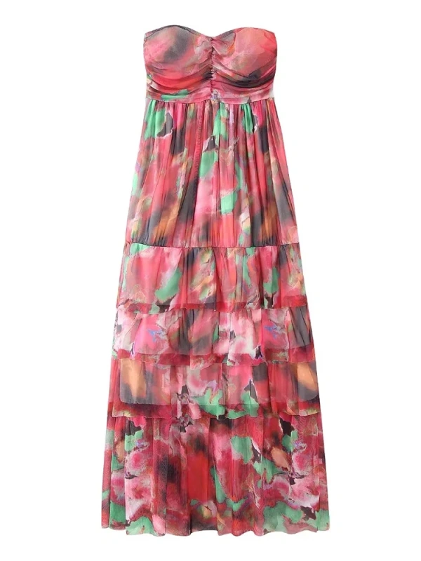 Printing Layeres Strapless Maxi Dresses New