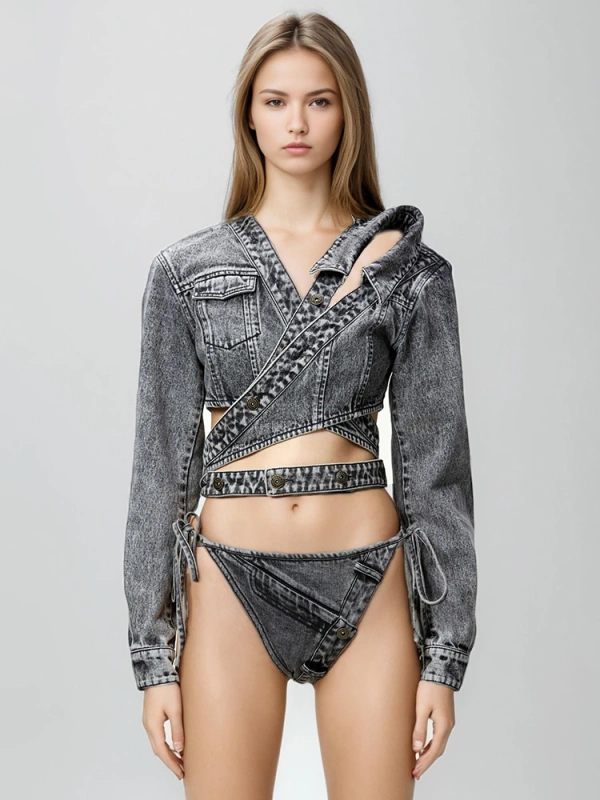 Asymmetric Denim Tie Up Short Jacket